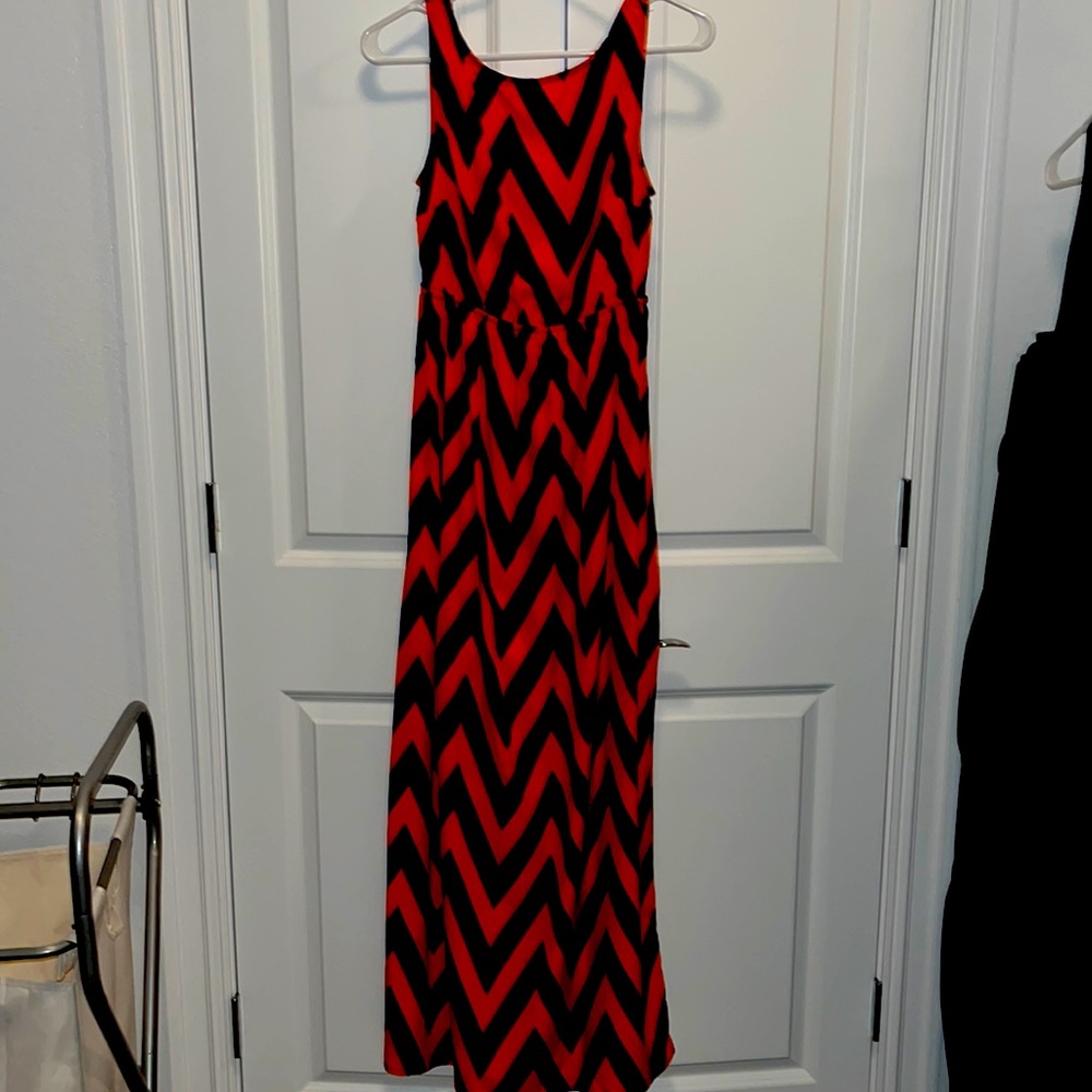 Maternity dress navy and orange chevron